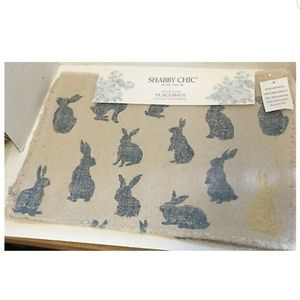 EASTER 4 SHABBY CHIC Easter Placemats Beige w/Blue Bunnies 1 GOLD 13"x19 NWT